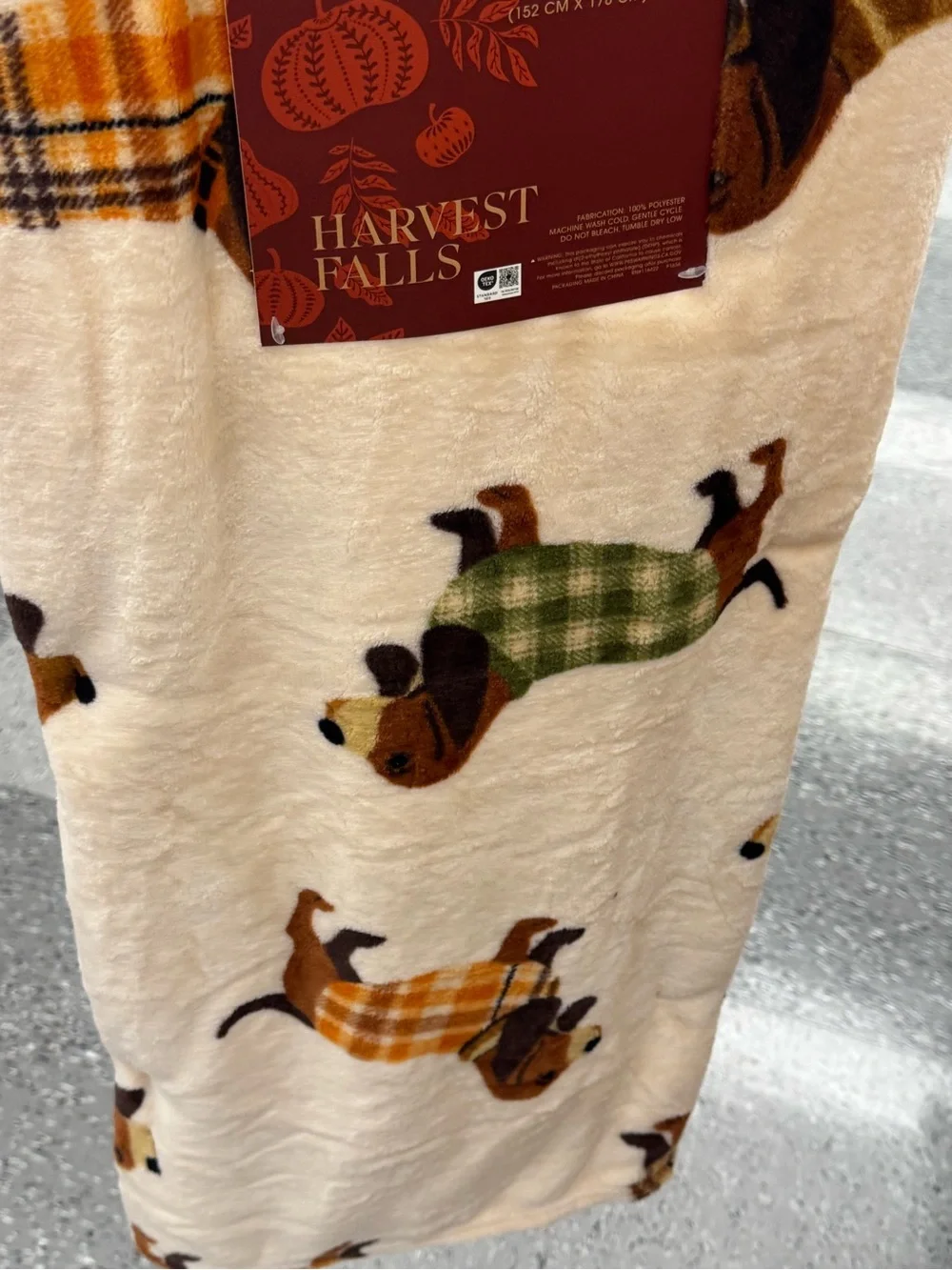 Cream Plush Throw Blanket with Plaid Dachshund Print